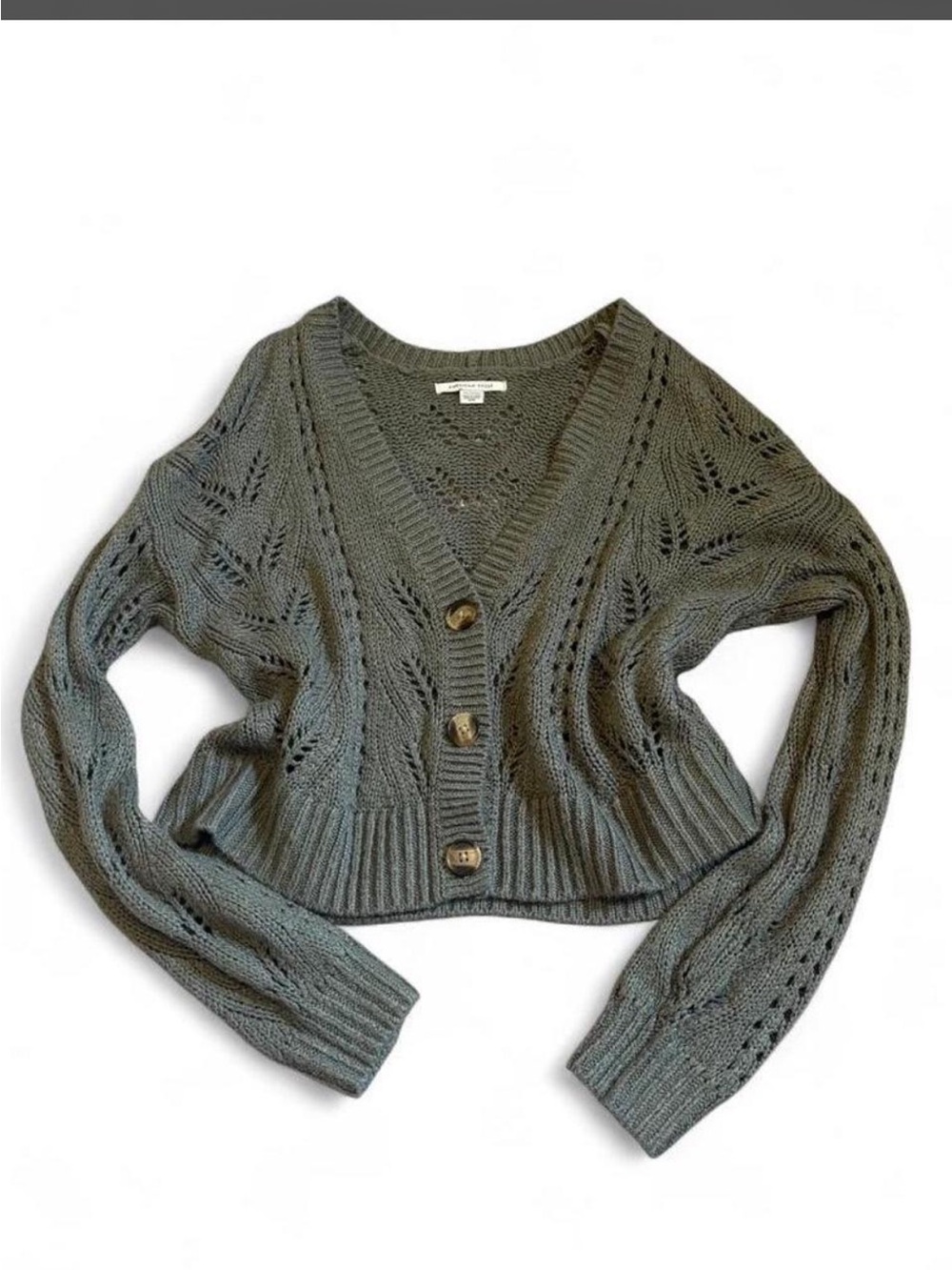 American Eagle Outfitters Cropped Openwork Knit Cardigan - Olive XS